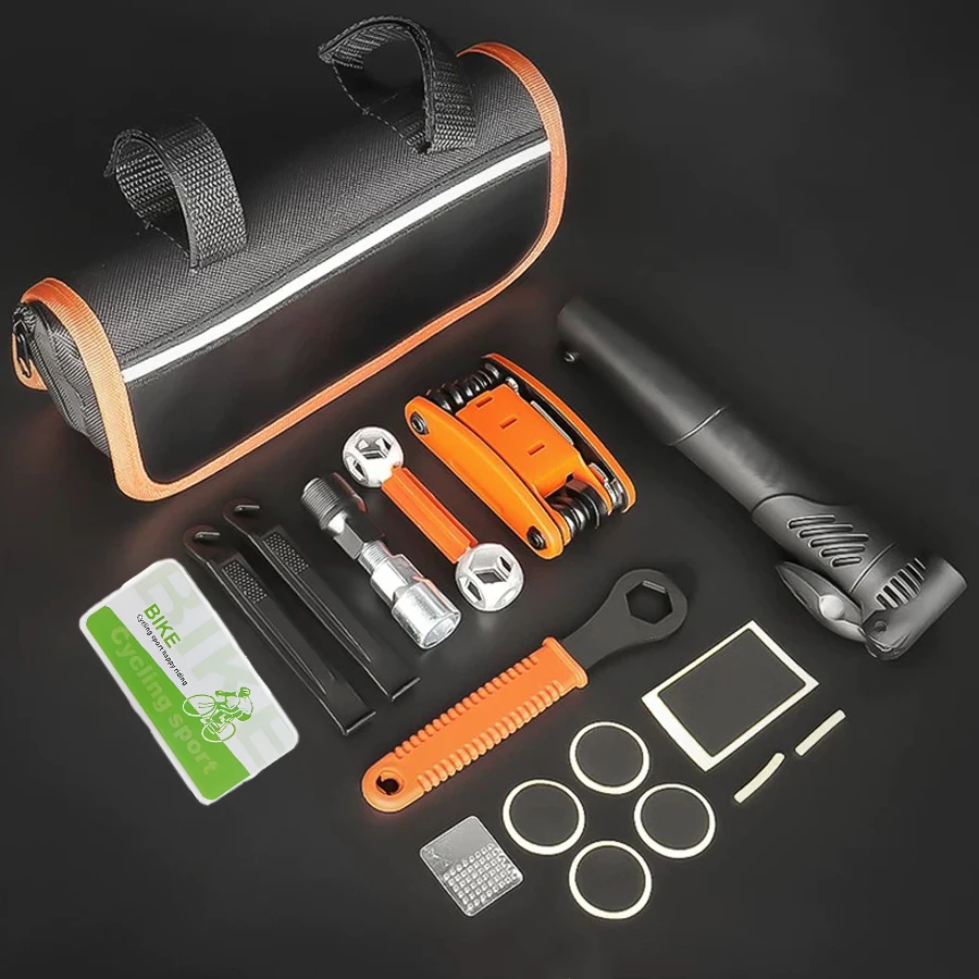 

Превосходный комплект для ремонта велосипеда с насосом для шин — портативный универсальный набор инструментов для путешествий — включает патчи и все необходимое для обслуживания