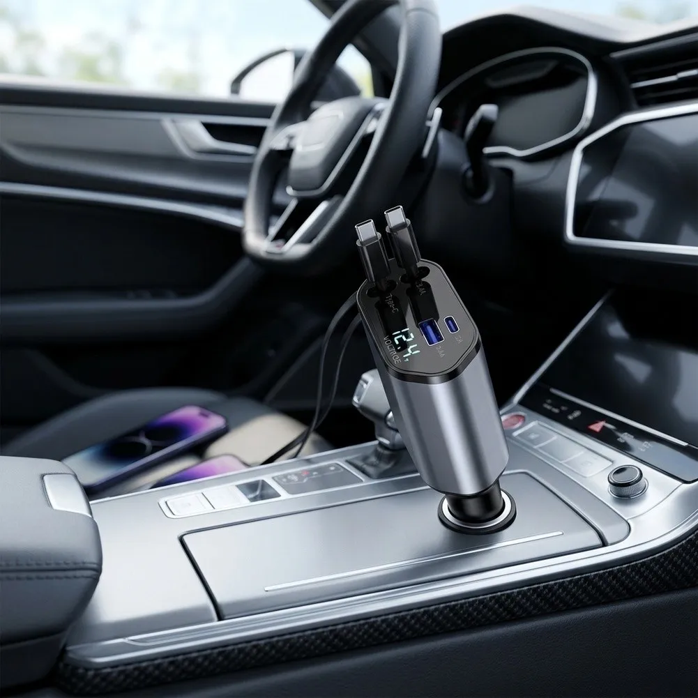 for Fast Car Charger Retractable Phone Charger Voltage Display Feature Charging Cable Length 80cm Over-Current Protection
