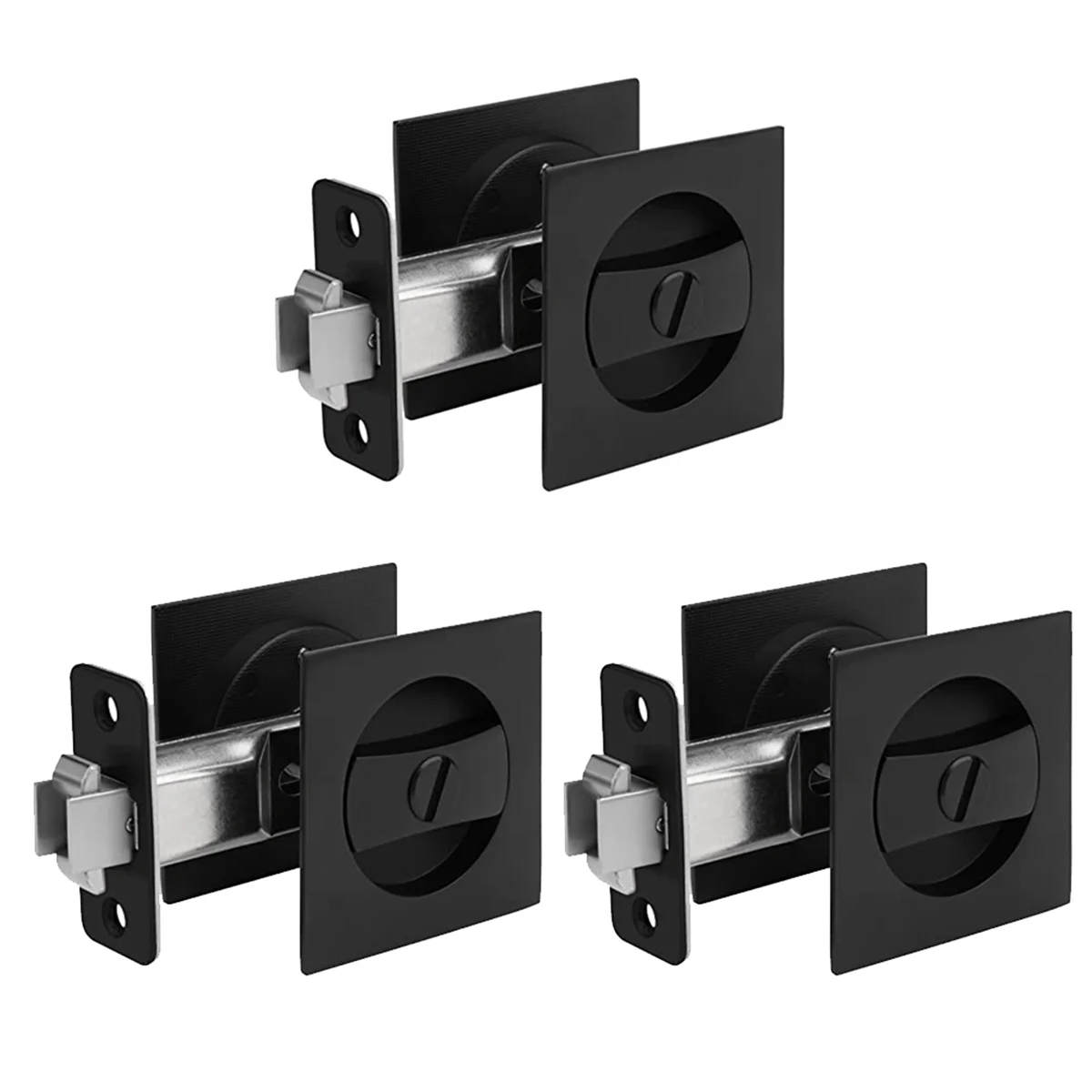 3X Pocket Door Lock, Matte Black Contemporary Privacy Square Pocket Door Hardware, Black Sliding Pocket Door Lock