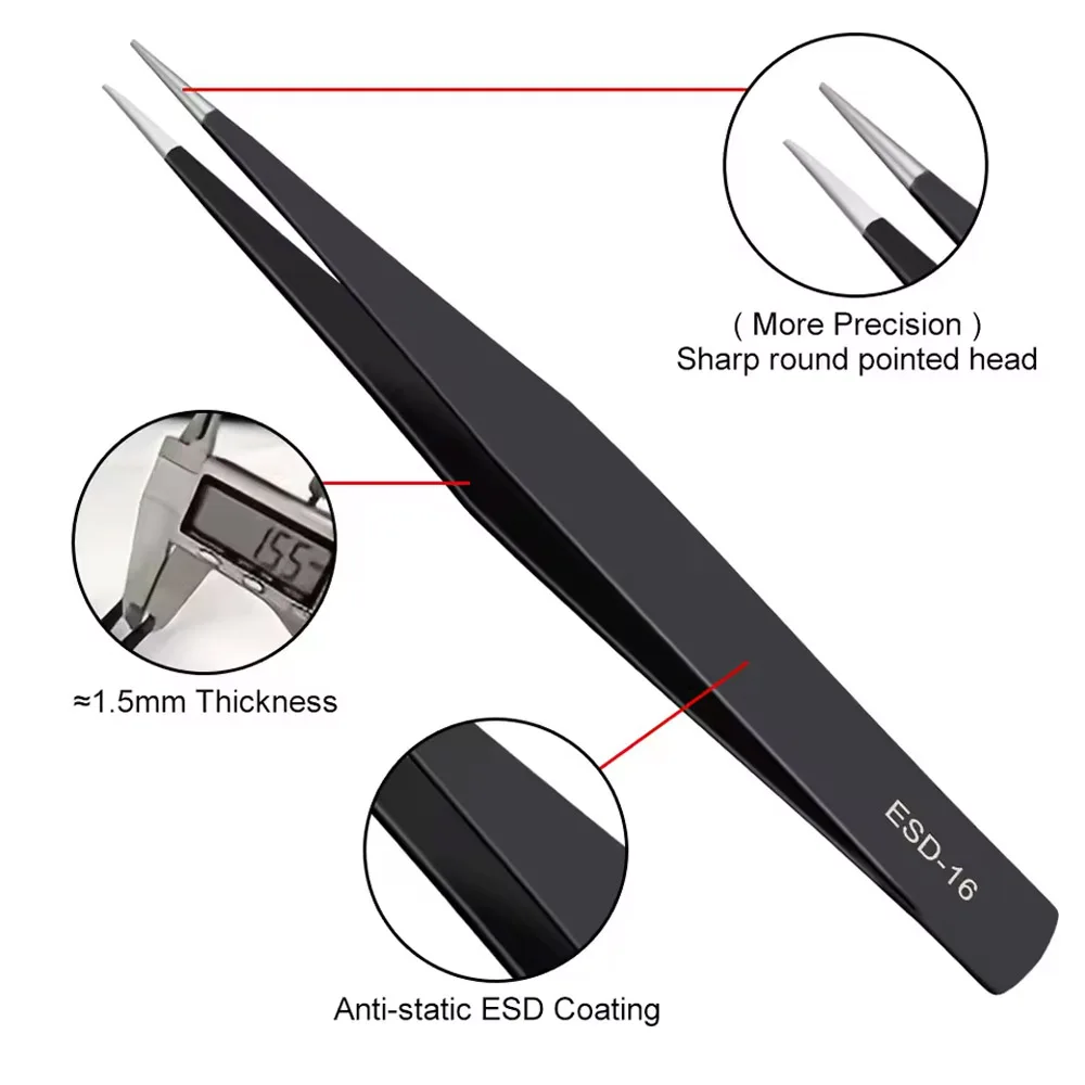 10Pcs/set Precision Anti-Static Tweezers Curved & Straight Stainless Steel ESD Tweezers Set for Industrial Repair Tools