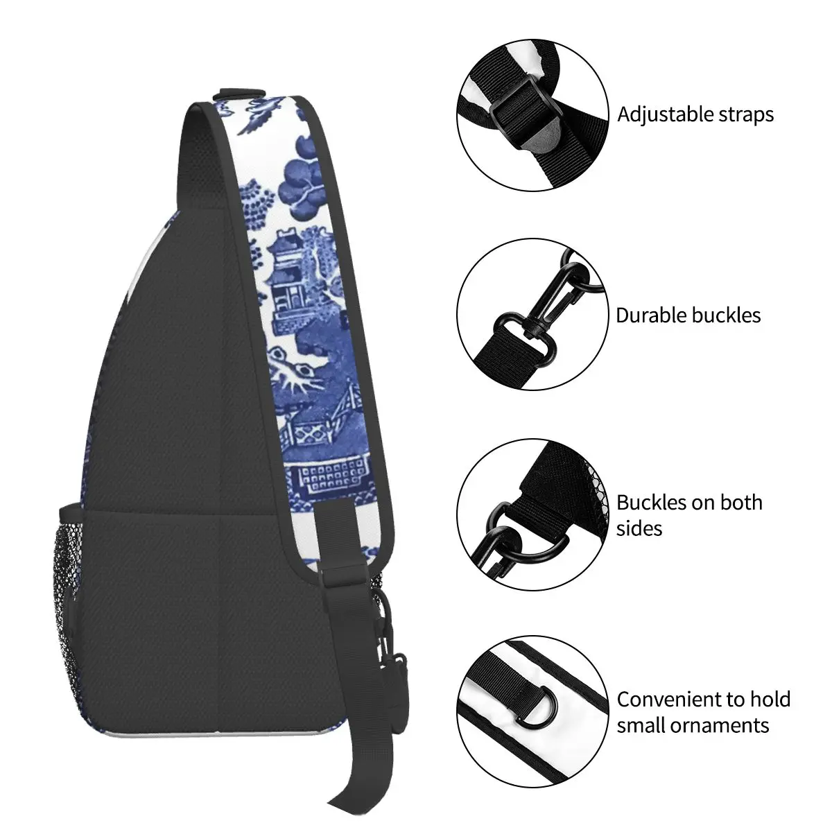 Blue Willow China Crossbody Sling Bags Printed Chest Bag Blue Delft Pattern Shoulder Backpack Daypack Hiking Outdoor Travel Pack