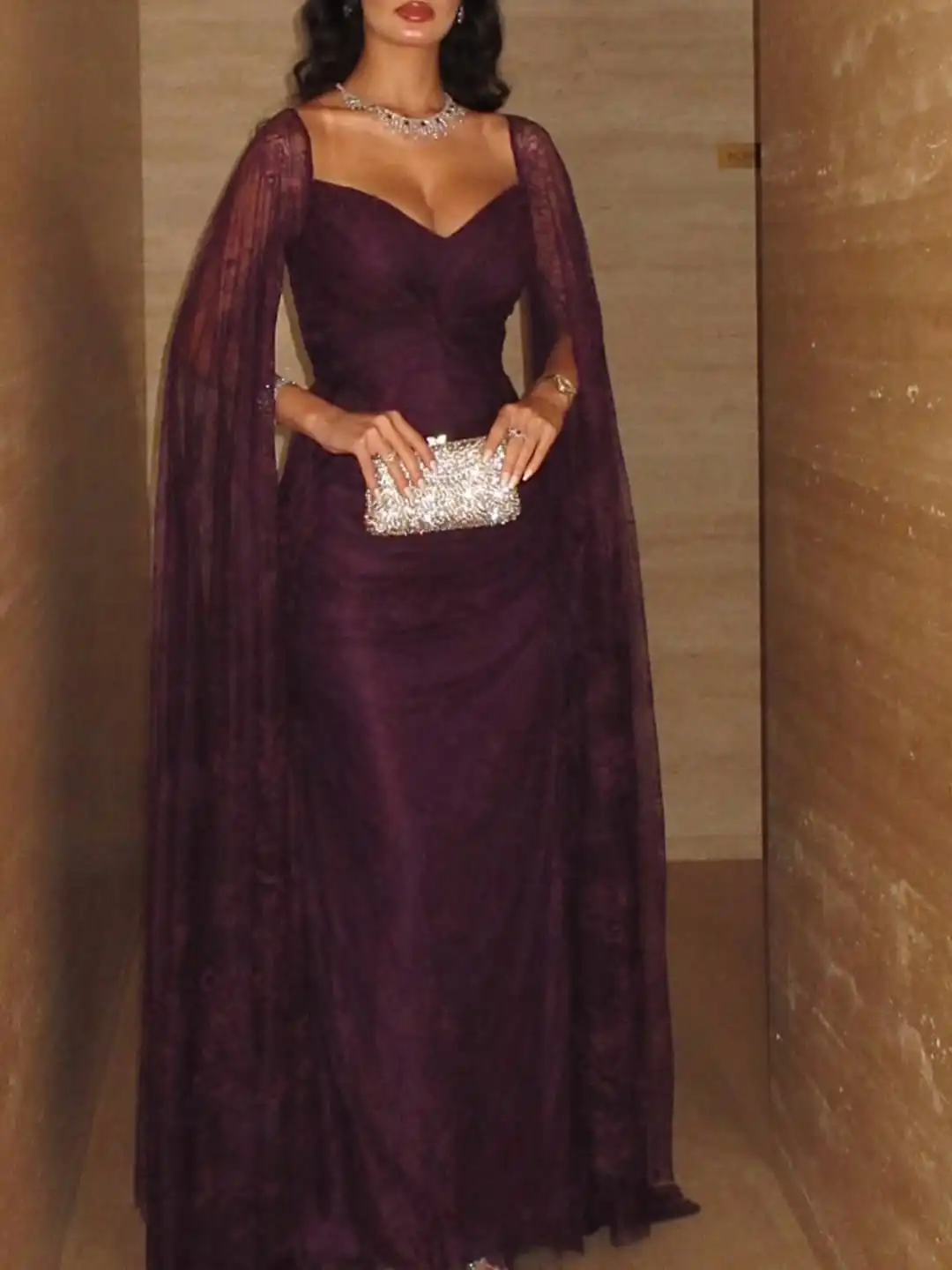 

Customized Long Sleeves Prom Dresses V Neck Pleated Lace Floor Length Evening Dresses Wedding Party Dresses