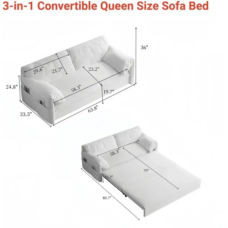 63.8" Futon Sofa Bed Queen Size, Pull Out Bed, 3-in-1 Convertible Sleeper Sofa with Side Pocket, Modern Velvet Futon Couch