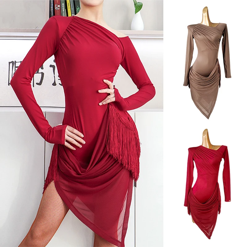 فستان رقص لاتيني لعام 2025 ملابس تدريب للرقص الأحمر للنساء فساتين شبكية بأكمام طويلة ملابس ممارسة تشا تشا رومبا السالسا 2439