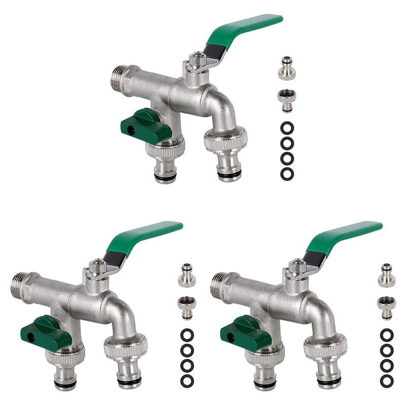 3Set 1/2 Inch Double Outlet Tap Rust And Frost Protection Brass Faucet With Double Connection And Hose Nozzle