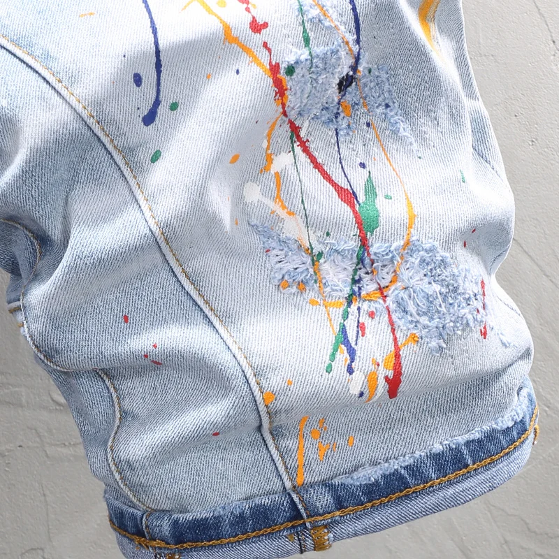 Summer Fashion Men Jeans Retro Light Blue Elastic Spliced Ripped Short Jeans Men Painted Designer Hip Hop Denim Shorts Hombre