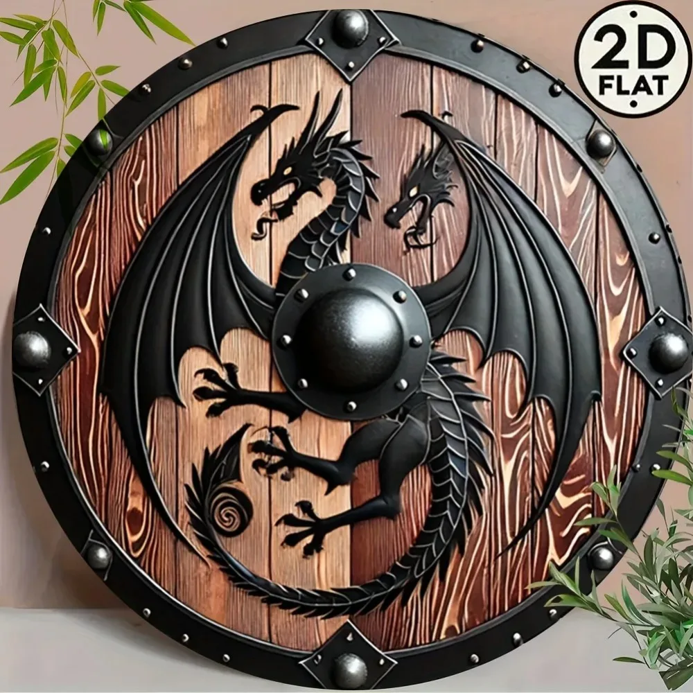 2D Flat Nordic Viking Mythology Beast Shield, Vintage Classic Round 8 Inch Metal Sign, Sky Guardian Shield for Home