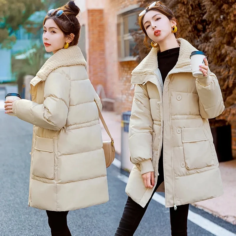 Korean Large Lapel Down Cotton-Padded Jacket for Women, Winter Overcoat, New Warm Parker Coats, Long Loose Lace-Up Thick Coat