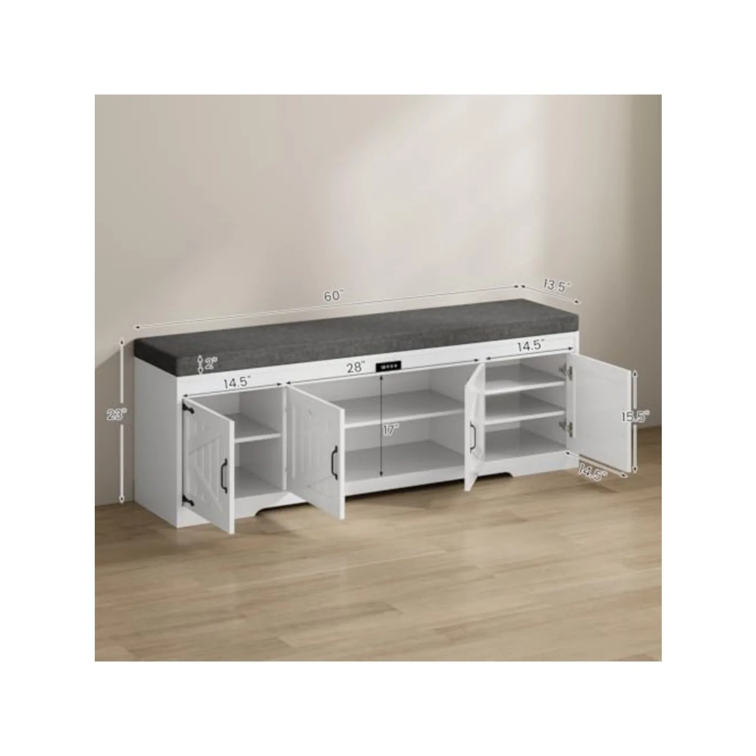 60“ Farmhouse Shoe Storage Bench with Deodorizing, Entryway Storage Bench with Cushion Seat, 4 Doors Freestanding
