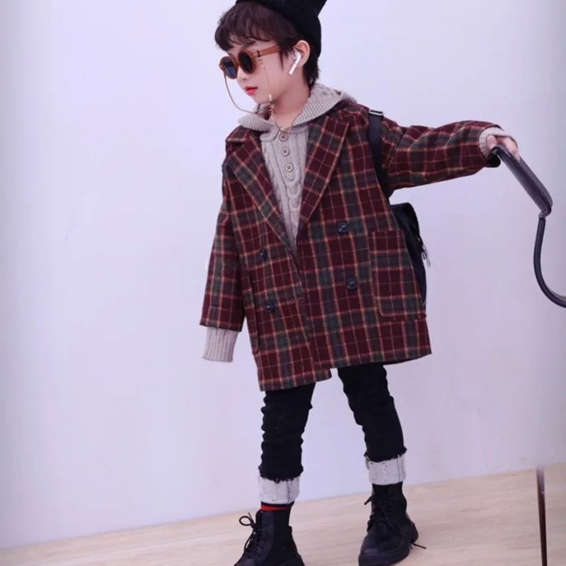 Boys Autumn Winter Cotton Padded Vintage Plaid Oversized Wool Blazer Coat Mid Length