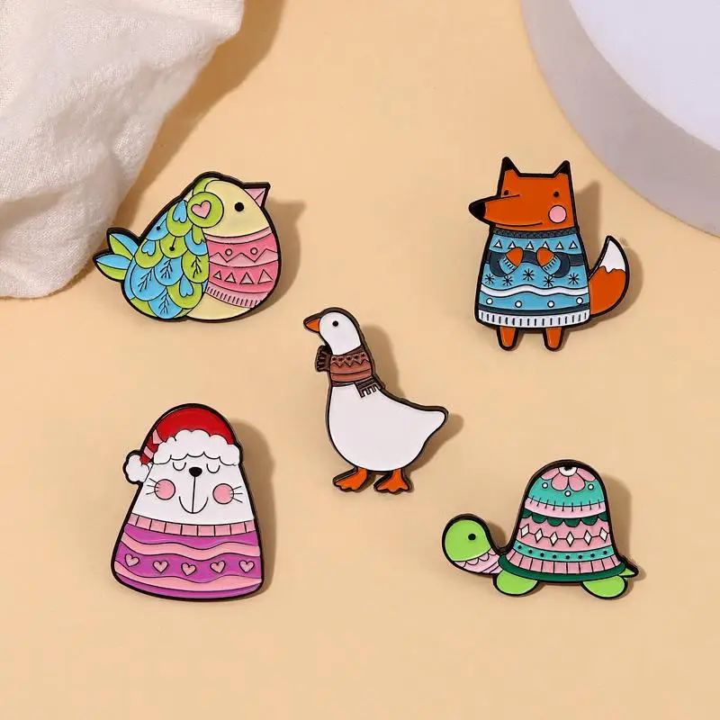 Happy Winter Enamel Pins Custom Bird Cat Fox Turtle Goose Brooches Lapel Badges Animal Sweater Jewelry Gift for Kids Friends