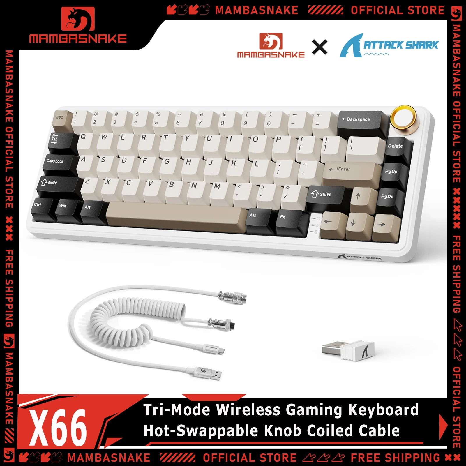 ATTACK SHARK X66 60% Tri-Mode Wireless Mechanical Gaming Keyboard With Coiled Cable Gasket Mount Hot-Swappable With Knob For PC