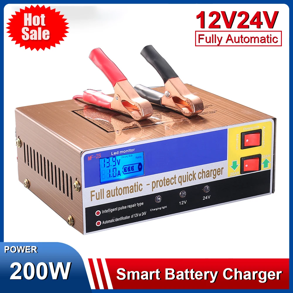 

Motorcycle Car Battery Charger Pure Copper Smart Pulse Repair Battery Charge Device for any Vehicle Batteries of 12V/24V 200W