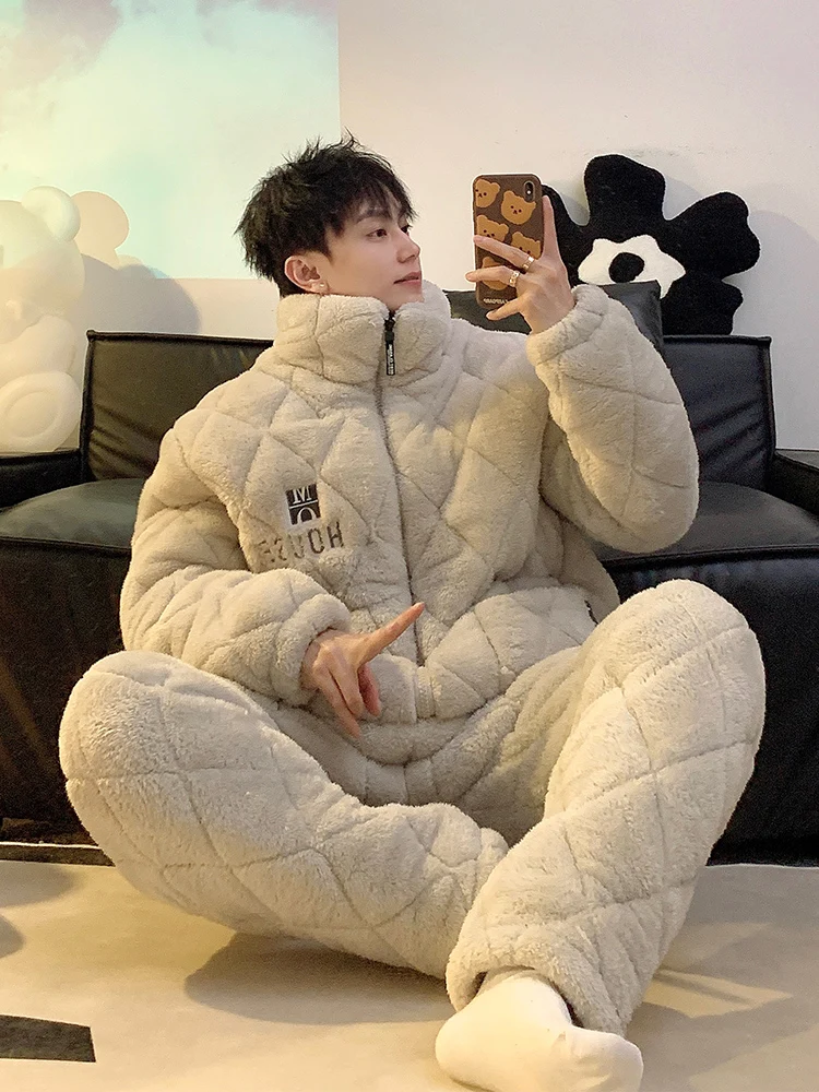 pyjama-homme-en-polaire-corail-Epaisse-vetements-d'interieur-en-coton-sandwich-combinaison-chaude-a-manches-longues-avec-fermeture-Eclair-pour-automne-hiver