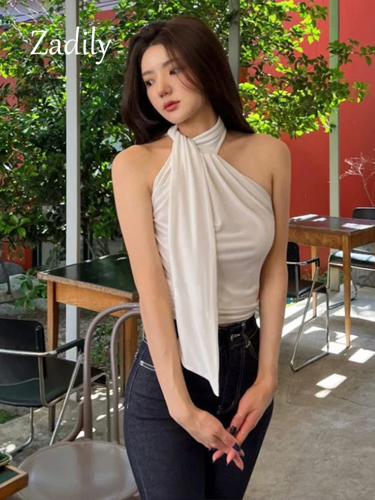 Zhead2024 estate corea stile senza maniche T-Shirt donna Sexy Solid Halter Neck Bandage Slim Crop top abbigliamento femminile TShirt