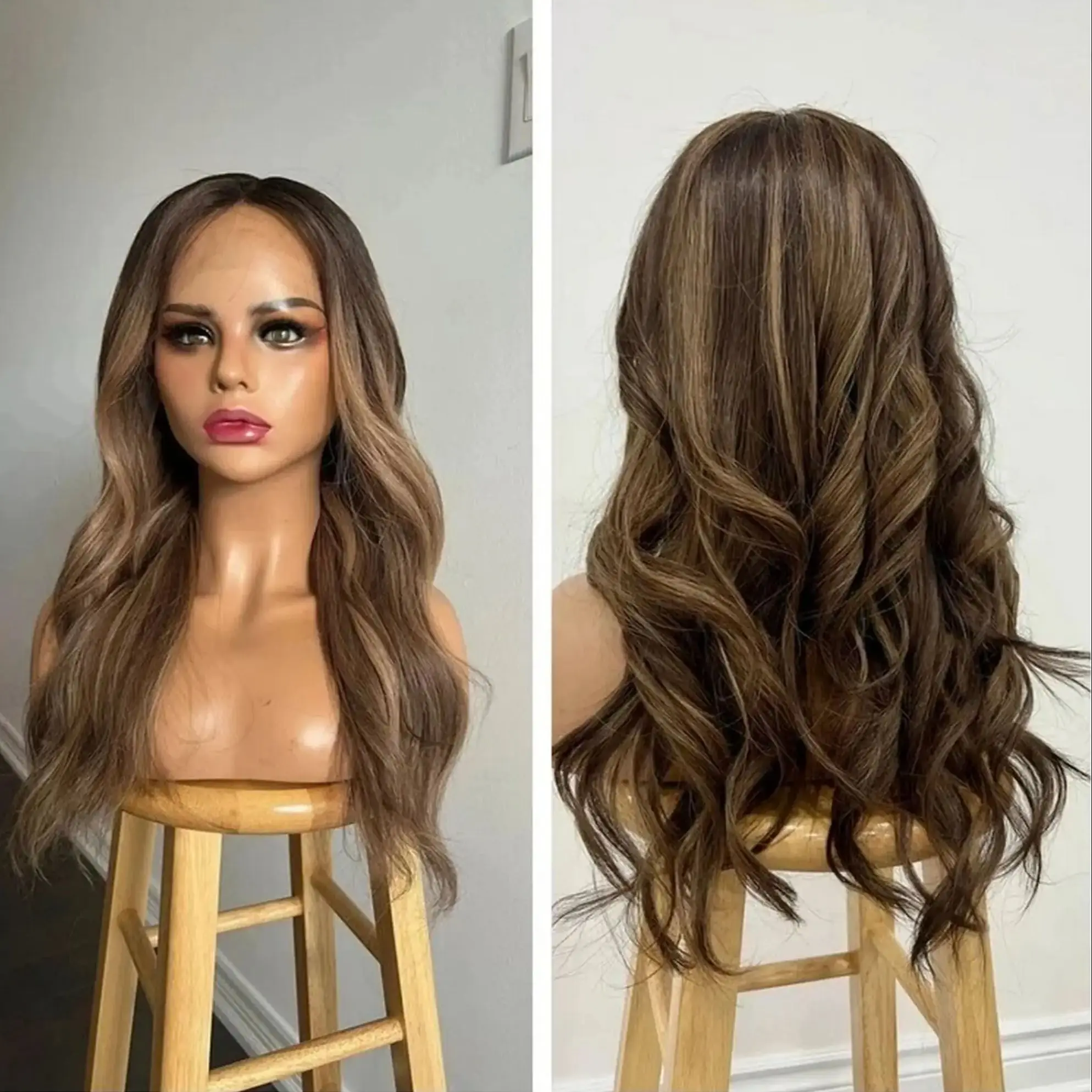 

20 Inches Ombre Brown Blonde Highlights Loose Waves Wig Free Part Synthetic Heat Resistant Lace Front Wig Customised Women Wigs