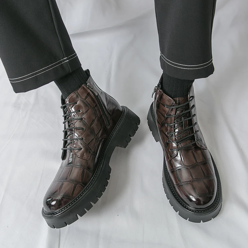 Korean Version British Style Fashion Men's High Top Casual Leather Boots Brand Thick Soled Comfort Business Casual Leather Boots