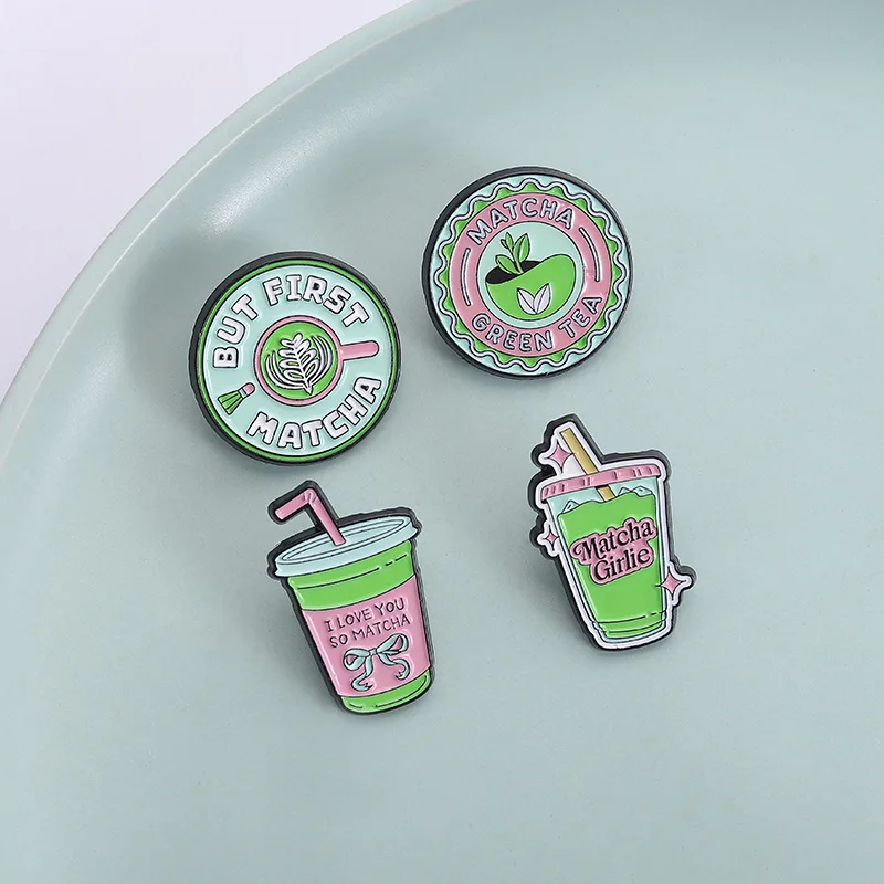 Cartoon Green Tea Matcha Badge Brooch Pins Cute Sweet Soft Drink Enamel Lapel Pin Accessory On Backpack Clothing Ornament Gift F