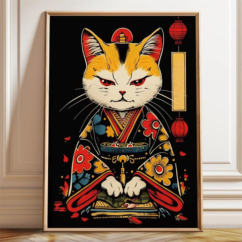 (No frame)Samurai Cat Art Print Poster Japanese Kimono Warrior Cat Illustration Poster Home Bedroom Wall Art Canvas Painting