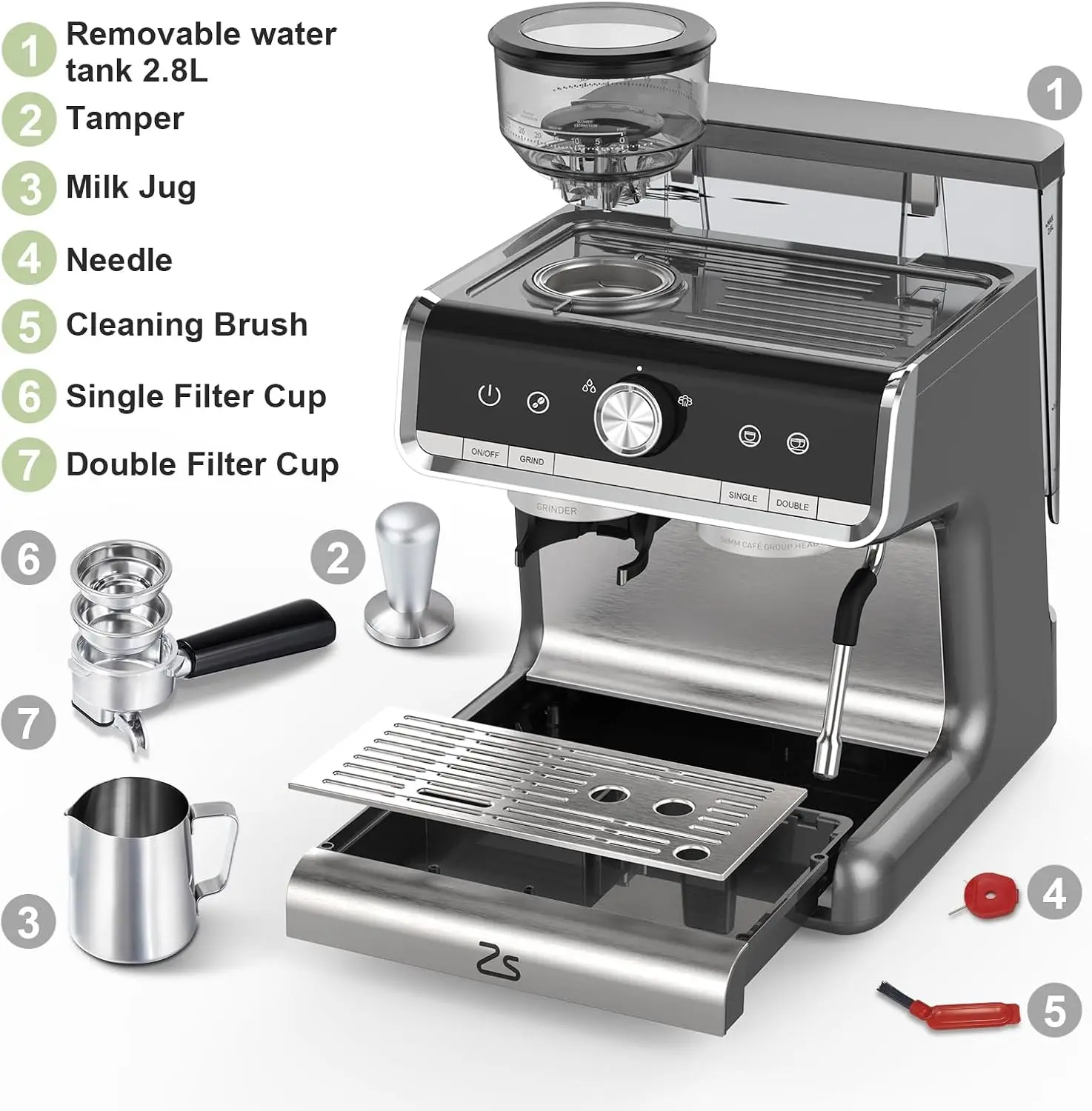 Tacleekii Espresso Machine Coffee Maker with Conical Burr Grinder PID Temperature Control, 30 Adjustable Grind Settings 360° Steam Wand Milk Frother Removable Water Tank ETL Listed Coffee Maker