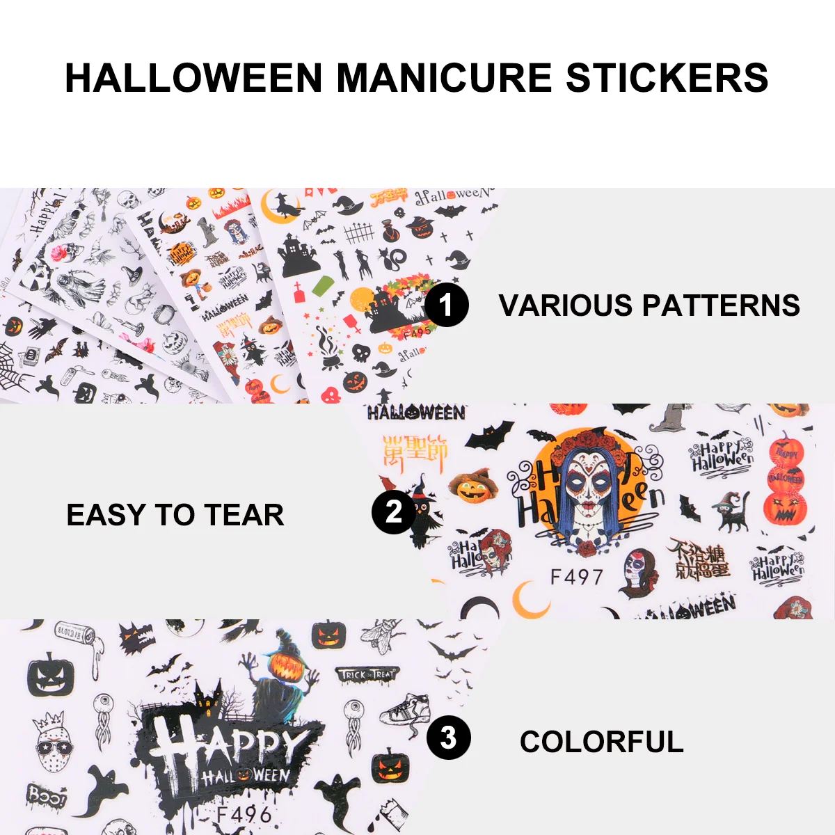 4 Sheets Halloween Nail Stickers Decor Decals Wraps Fingernails Cartoon Applique Paper