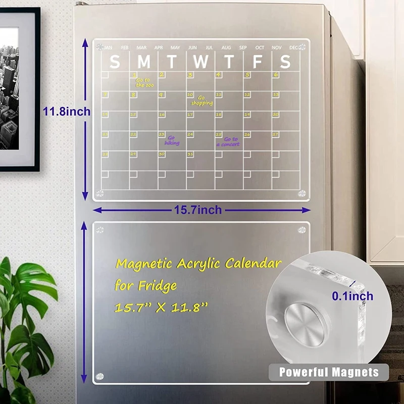 투명 아크릴 화이트 보드 캘린더, 냉장고용 건조 지우기, 16x12 인치, 4 마커 포함, 2 개