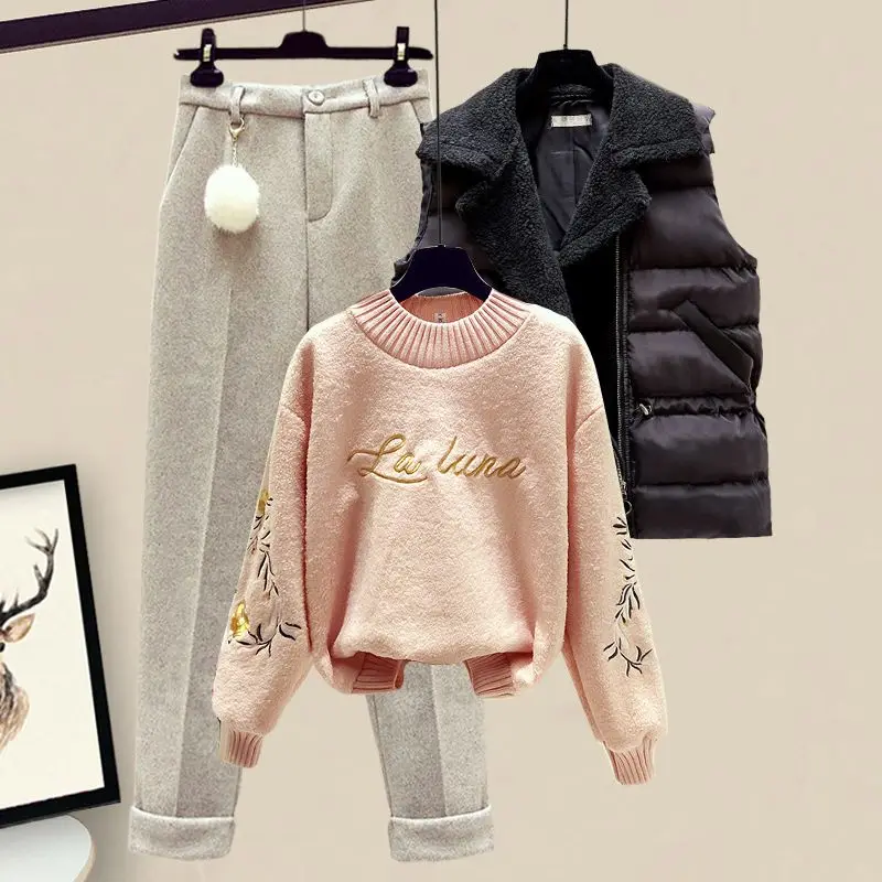 Rompi jaket katun tebal, Sweater lengan panjang rajut, celana wol tiga potong elegan, Sweater Set