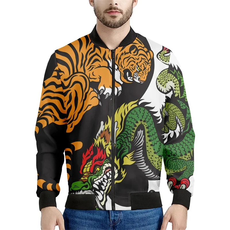 Chinese Dragon Pattern Jacket For Men Animal 3D Printed Coat Fashion Casual Harajuku Oversized Zipper Jackets Tops Long Sleeves