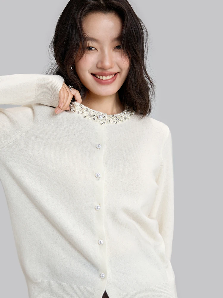 

Вязаный вручную кардиган Ele из 100% шерсти с круглым вырезом, женский, модный, серия Pearl, укороченный, с длинными рукавами, цветной