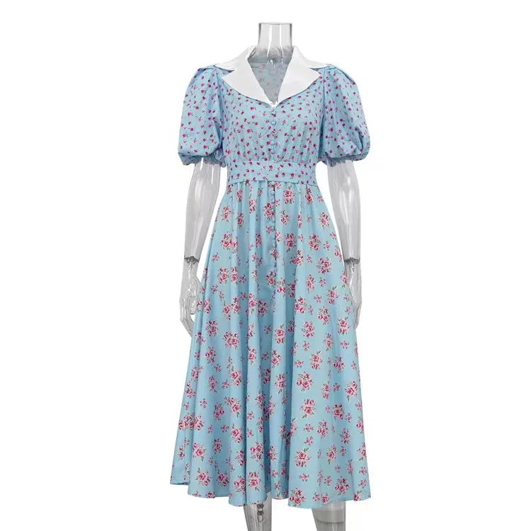 Faion Print Dr زر واحد ort Sve طويل Dr Bubble Sve الحلو عالية الخصر ألف خط تنورة ارتداء اليومي عميق V Ne