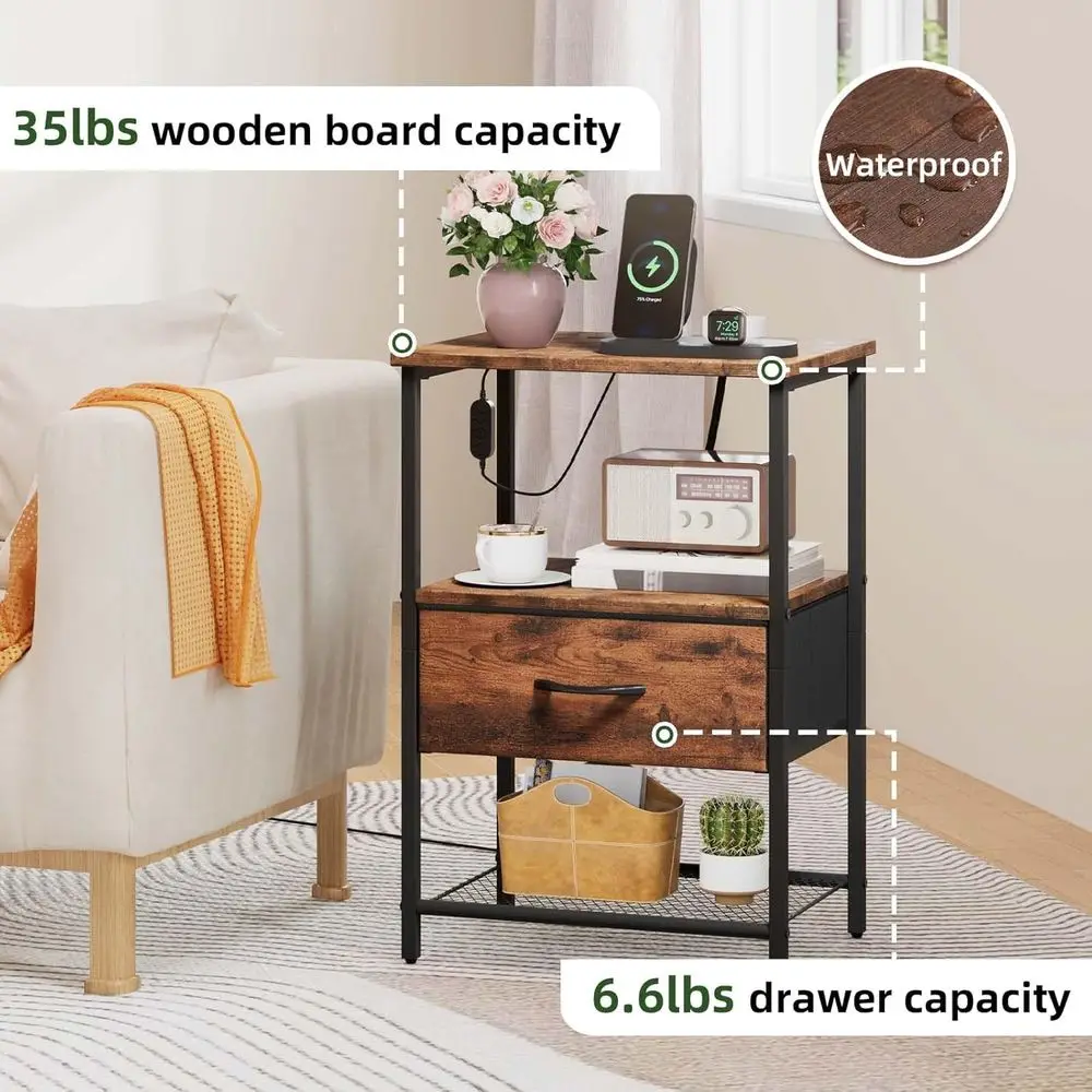 LED-lit Charging Nightstand for Bedrooms, Dorms, and Hallways - Wood Grain Finish