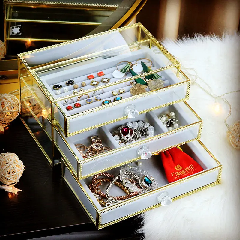 Armoured glass adornment storage box 1-3 layers ring necklace bracelet jewelry organizer bedroom drawer organizer for cosmetics