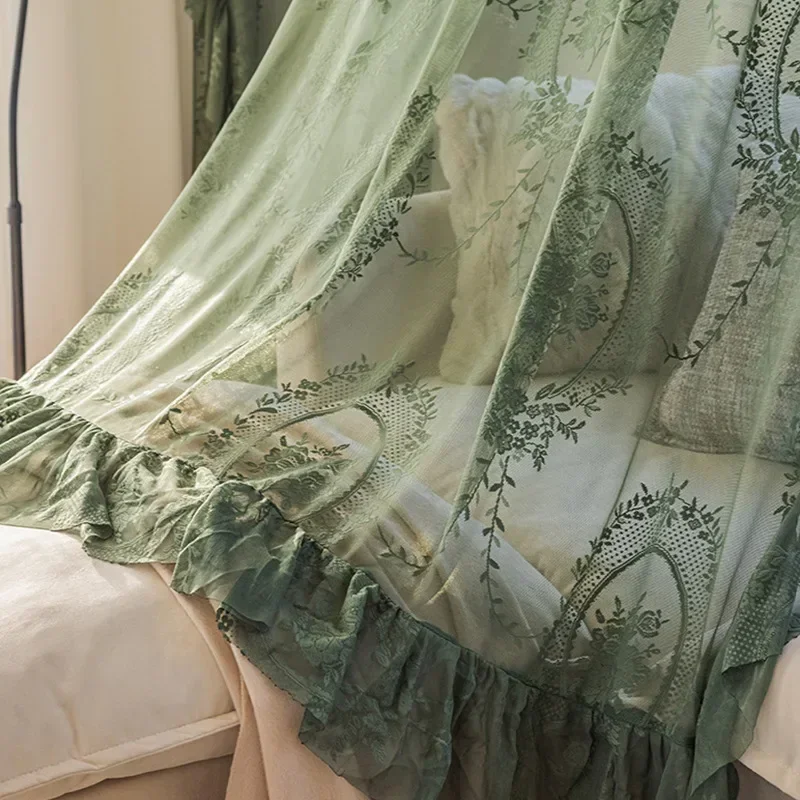 Transparenter Vorhang mit grüner Blumenstickerei im Vintage-Stil, romantische gekräuselte Spitze, Voile-Fenstervorhänge für Schlafzimmer, Küche, Fensterbehandlung