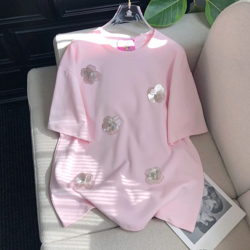 2025 New Original Design Top Heavy Industry Three-dimensional Flower Chic Sweet Versatile Casual Short-sleeved T-shirt Pullovers