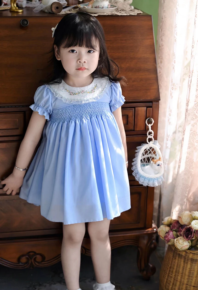 2024 Girls Handmade Heirloom Dress Kids Spanish Boutique Smocked Dresses Children Baby Summer Smoking Embroidery Frocks Clothes