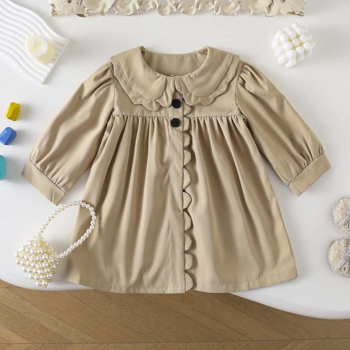 Bear Leader Korean Version Plain Casual Simple Dress Autumn New Khaki Long Sleeved Lapel Dress Cute Baby Girl Clothes 2-7 Years