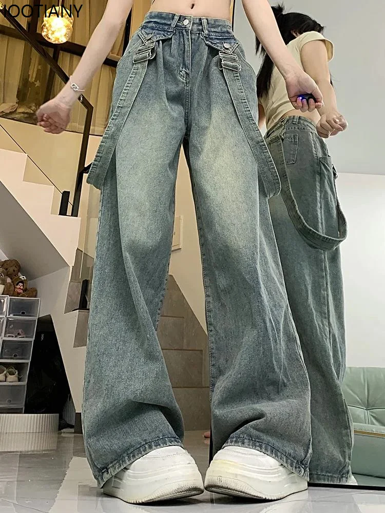 Jeans da donna Y2k gotici High Street da donna a vita alta blu vintage jeans con bretelle hip-hop pantaloni larghi larghi stile street americano