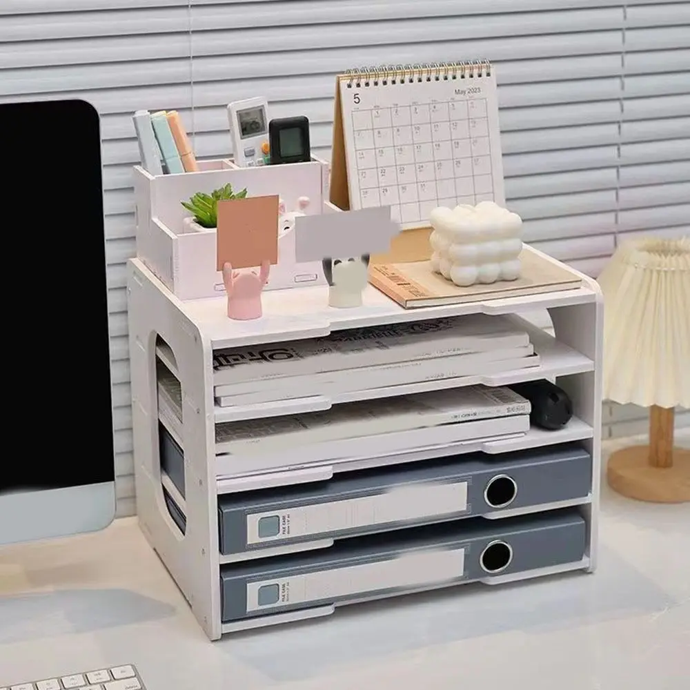 Practical PVC Multi-layer File Storage Rack Space Saving Easy Assembly File Holder Large Capacity Desk Top Shelf Office