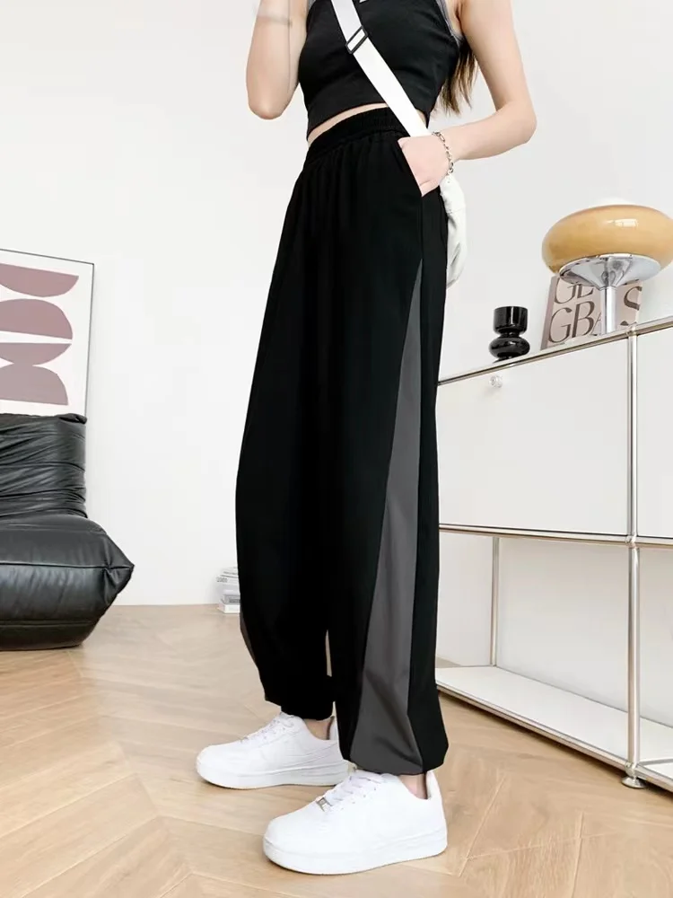 Ice Silk High Waist Loose Fit Women's Sport Pants Summer Running Trousers Slimming Cuffed Casual Pants Korean Style Harlan