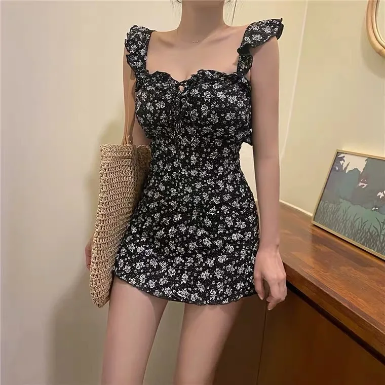 Summer Floral One Piece Swimsuit Women Korean Fashion Sexy Hanging Neck One-shoulder Beach Dress Holiday Swimwear Bathing Suit