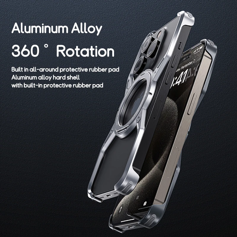 Magnetic Metal Aluminium Alloy Frameless Phone Case For iPhone 14 13 15 Pro Max With 360° Stand Anti Drop Shockproof Metal Cover