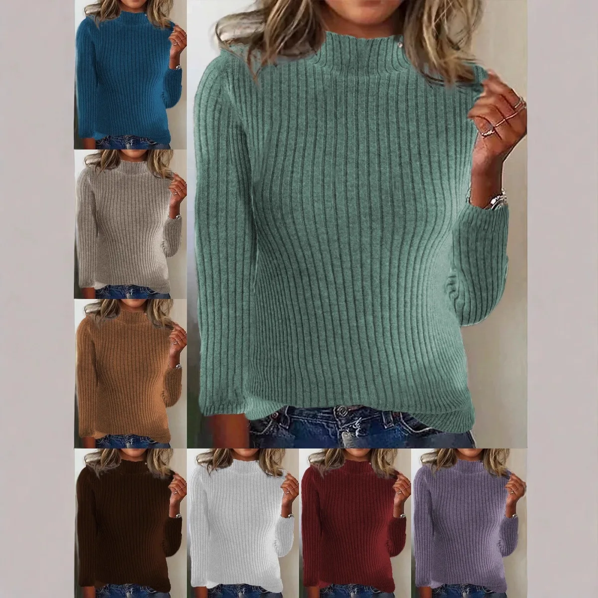 

2025 Autumn/Winter New Women's Top Half High Collar Pit Strip Sweater Solid Color Long Sleeve Knitted Sweater