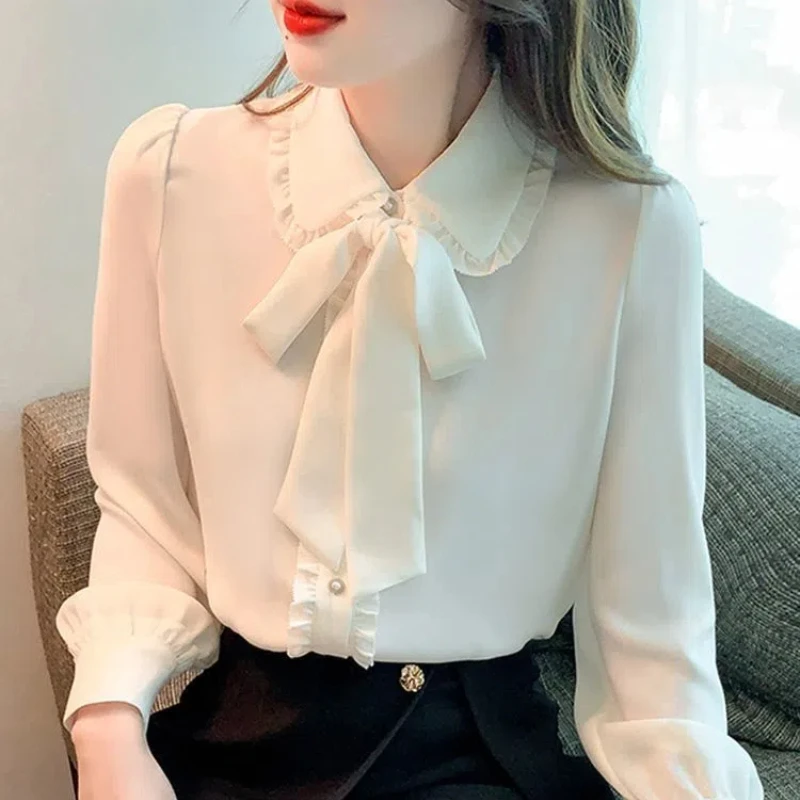 Spring Autumn New Fashion Doll Collar Long Sleeve Solid Color Blouses Women's Clothing Bow Ruffles Button Loose All-match Shirts