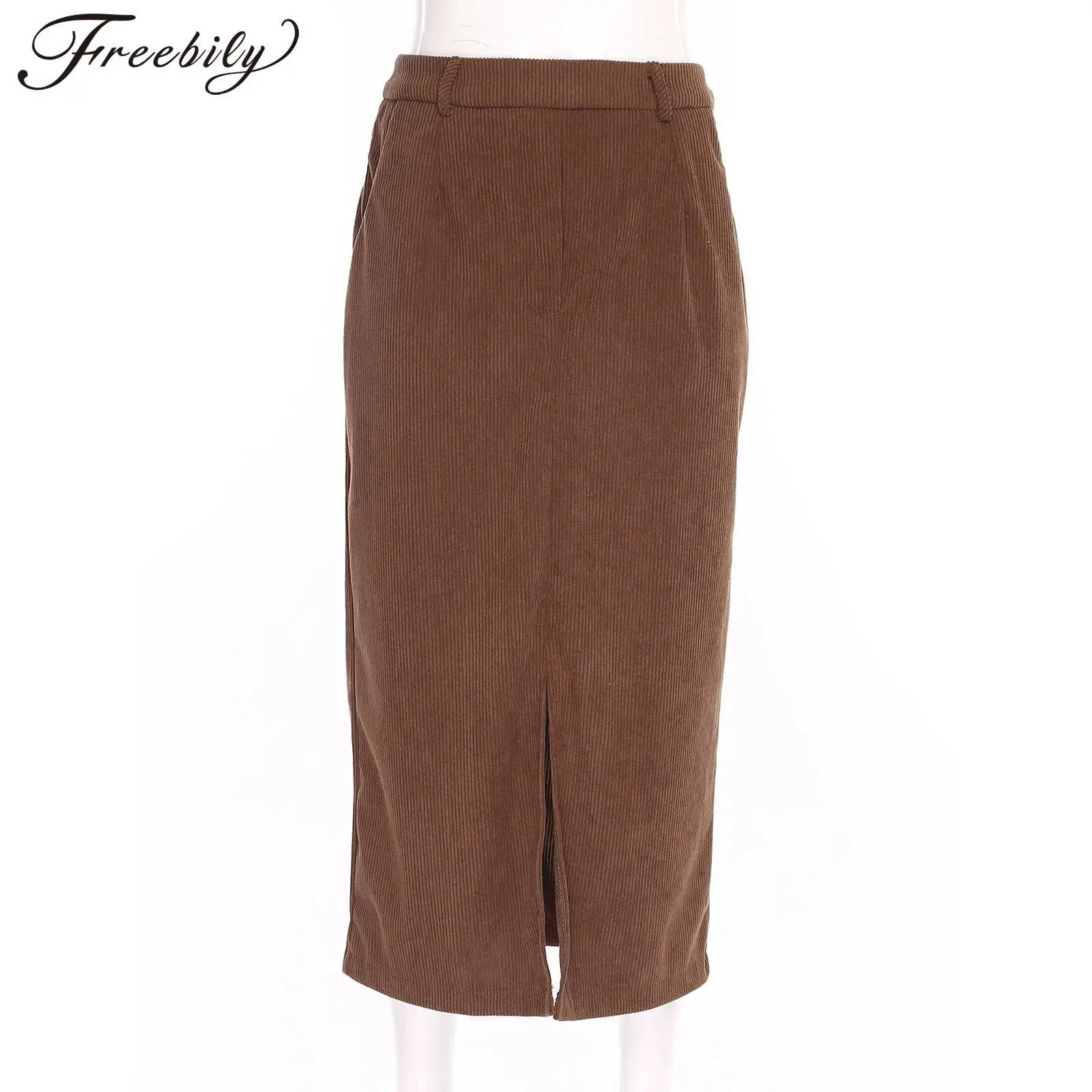 

Autumn Woman Casual Clothes Fashion Womens Vintage Corduroy Pencil Skirt High Waist Front Slit Midi-length Skirt