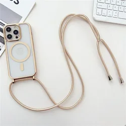 Crossboby Lanyard Plating Clear Phone Case For iPhone 16 15 14 13 12 Pro Max For Magsafe Magnetic Necklace Cord Rope Strap Cover