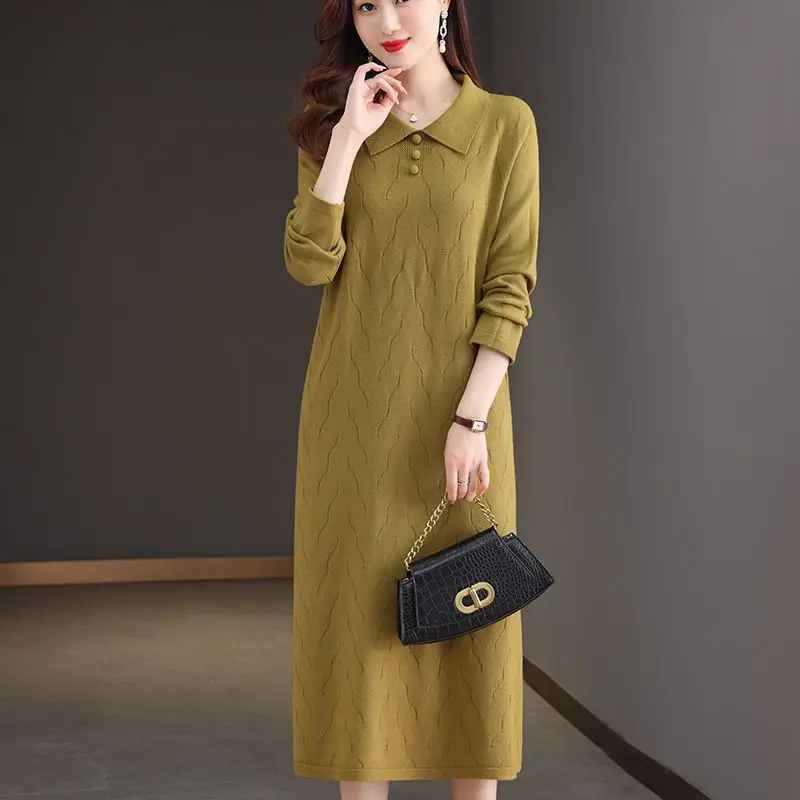 

Elegant Knitwear Woolen Dress Lapel Long Sleeve Sweater Jersey Spring Autumn Pullover Jumper Female Clothing Women's Pulls Tops