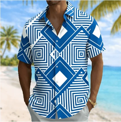 

Men's Geometric Maze Print Short Sleeve Shirt, Spring Summer Casual Vacation Turn-Down Collar Blouse, Loose Fit Top