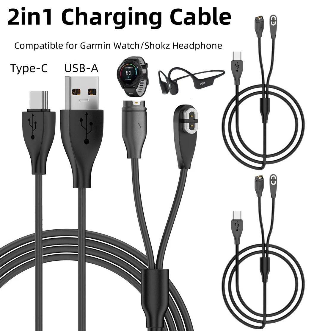 Câble de chargement USB-A/type-c 2 en 1 de 1M, Compatible avec les casques à Conduction osseuse Garmin Fenix et Shokz OpenRun/Aeropex/OpenComm