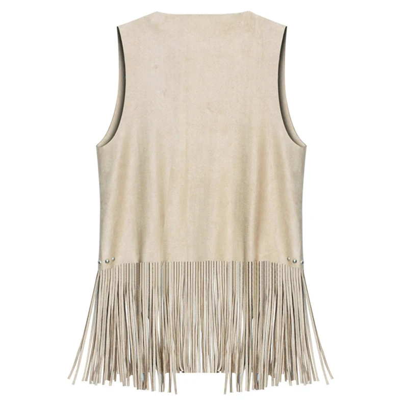 Suedette V-Neck Front-Open Fringe Sleeveless Cardigan Short Hollow Gilet Vest with Rivets for Ladies Dropshipping