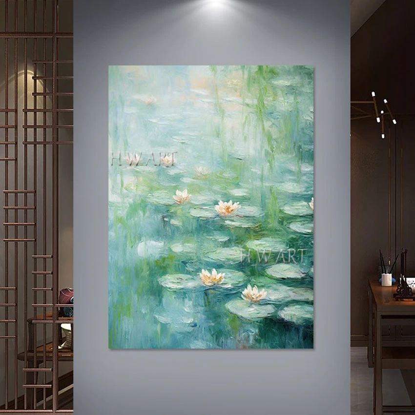 

Abstract Canvas Roll Art Wall Frameless Lotus Leaves And Flowers Oil Paintings Reproduction Beautiful Scenery Pond Picture